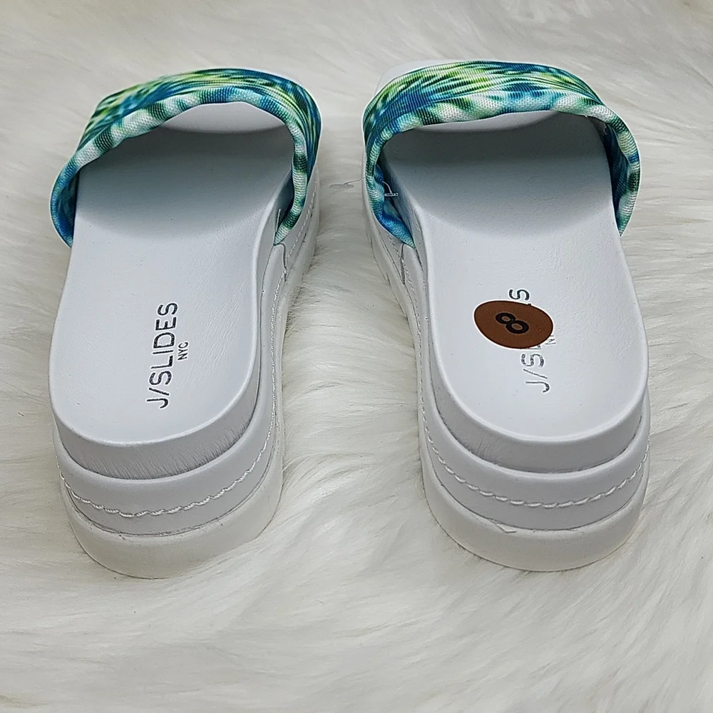 J/SLIDES NYC Brit Slide Sandal Slip On Platforms Blue Green Tie Dye